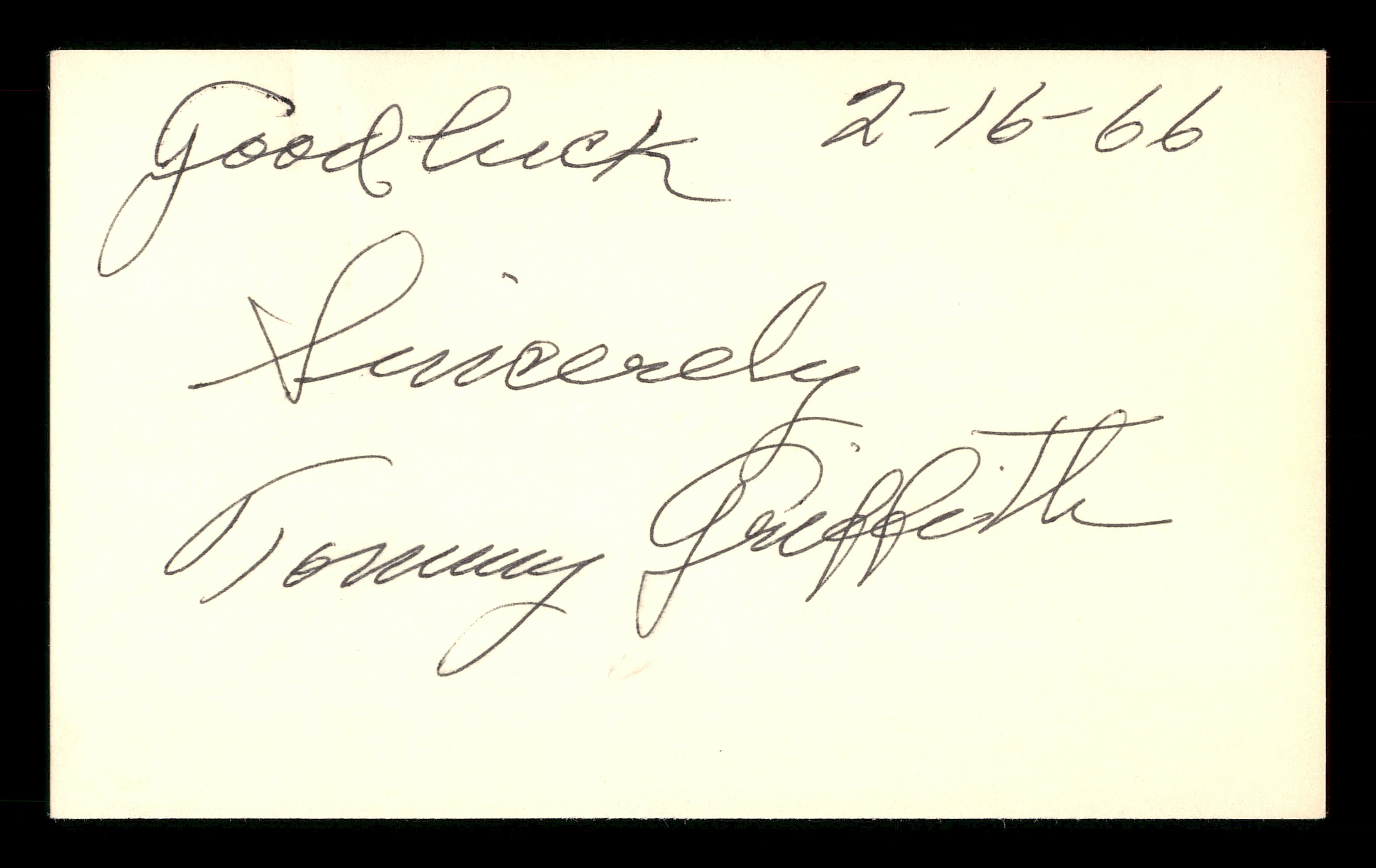 Tommy Griffith Autographed 3x5 Index Card Brooklyn Dodgers "Good Luck" SKU #174152