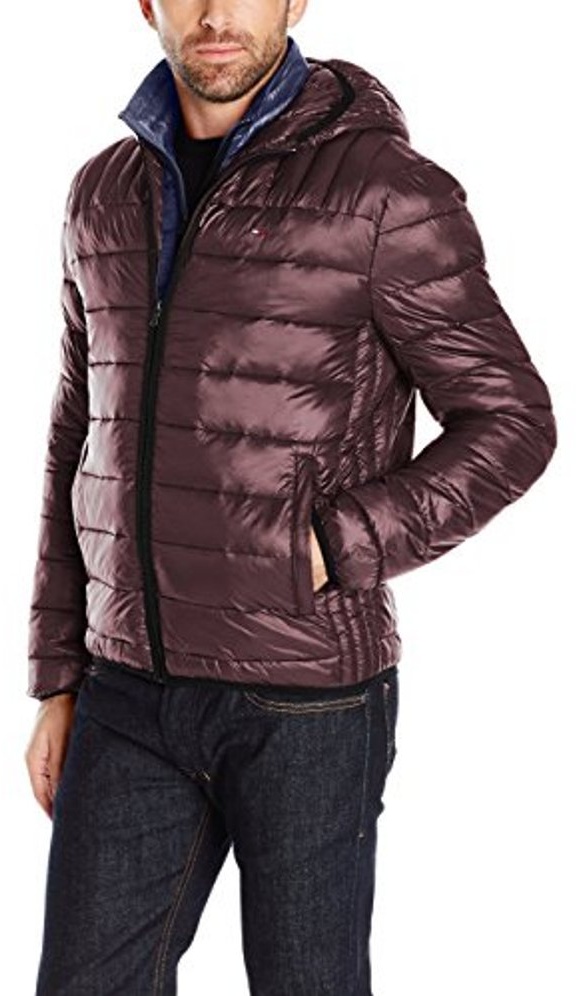 Tommy hilfiger men's insulated packable cheap jacket with contrast bib and hood