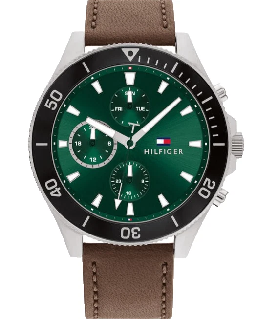 Tommy Hilfiger 1791983 Green Dial Brown Leather Strap 46MM Mens Watch ...