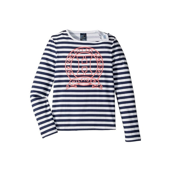 Tommy Hilfiger Adaptive Long Sleeve T-Shirt with Velcro Shoulder Closure (Little Kids/Big Kids) Classic White/Multi