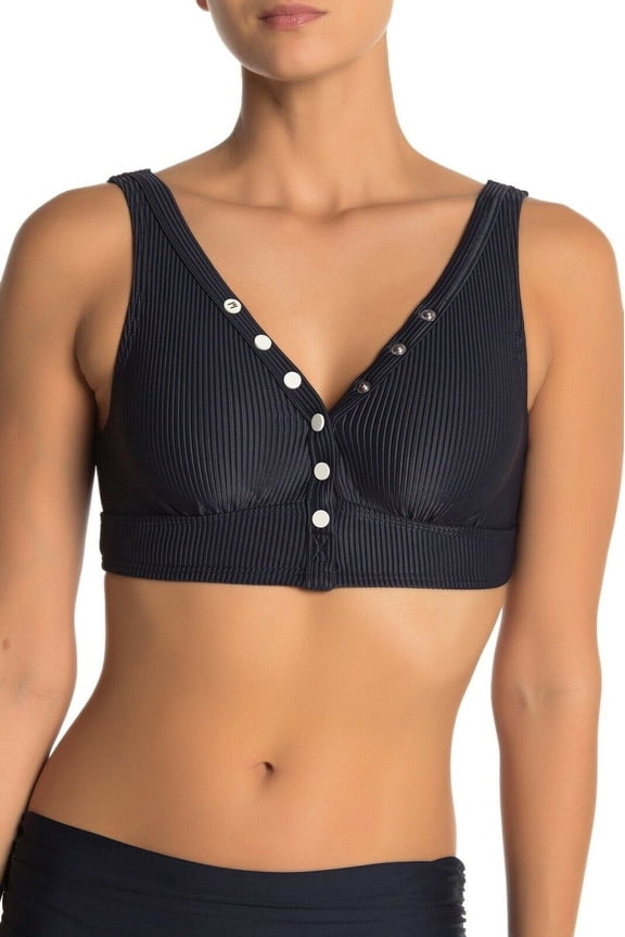 BLACK Ribbed Snap-Front Bikini Swim Top, US X-Small