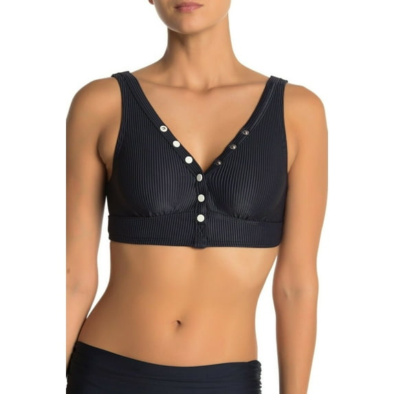 Tommy Hilfiger BLACK Ribbed Snap-Front Bikini Swim Top, US X-Small