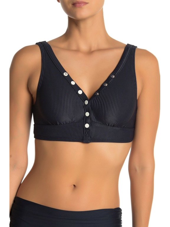 BLACK Ribbed Snap-Front Bikini Swim Top, US X-Small