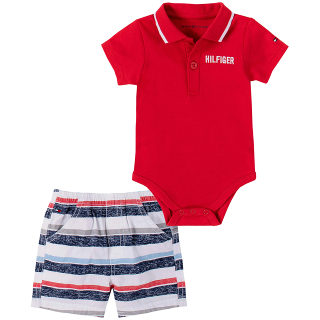 Tommy Hilfiger Baby Boy RED MULTI Polo Bodysuit &Stripe Short 2Pc Set 3