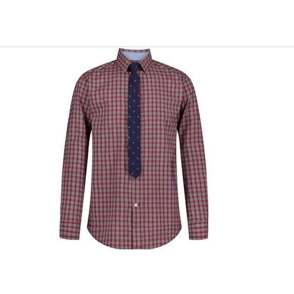 Tommy Hilfiger Big Boys Long Sleeve Stretch Micro Grid Shirt and Tie - Dark Red