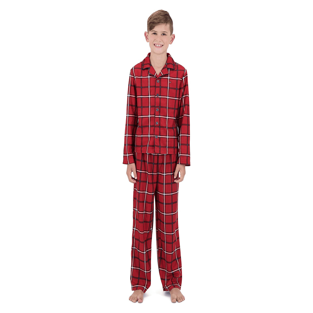 Tommy Hilfiger Boys Plaid Long Sleeve 2-Piece Pajama Set, Scarlett Red, Sz 2T