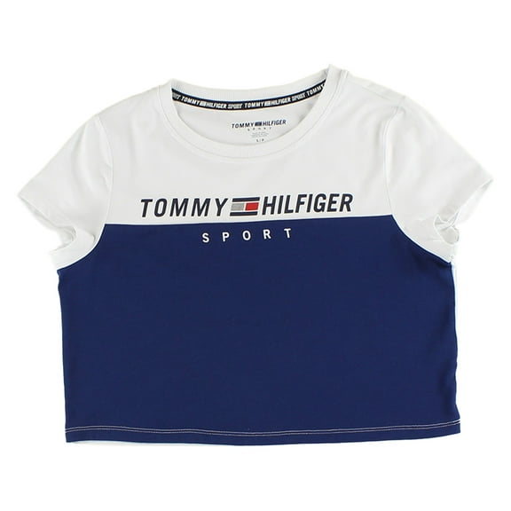 Tommy Hilfiger Colorblock Logo Crop Womens Active Shirts & Tees Size S, Color: White/Blue