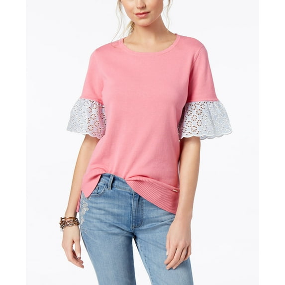 Tommy Hilfiger Cotton Eyelet Sleeve Top Peony Combo 2XL