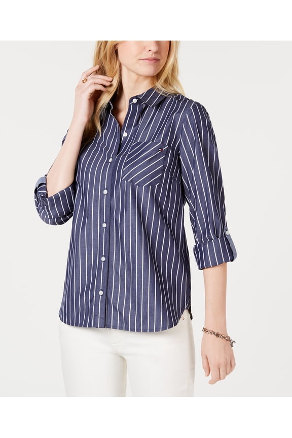Cotton Striped Roll Tab Blouse Navy/White XS