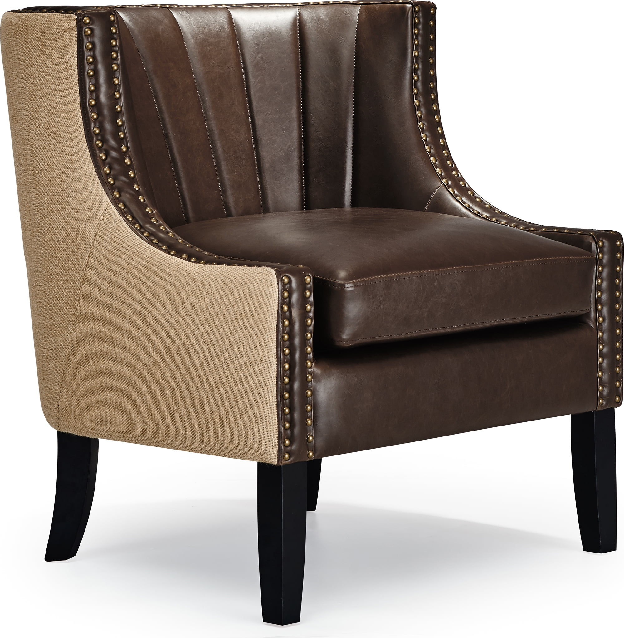 Handcrafted Dark Brown Faux Leather Accent Chair with Burlap Sides
