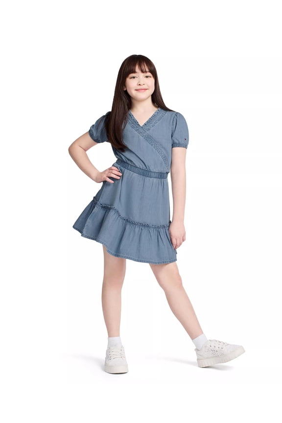 ESSEX WASH Big Girls Denim Wrap Front Dress, US Medium