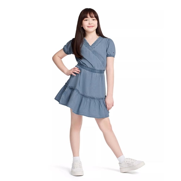 Tommy Hilfiger ESSEX WASH Big Girls Denim Wrap Front Dress, US X-Large