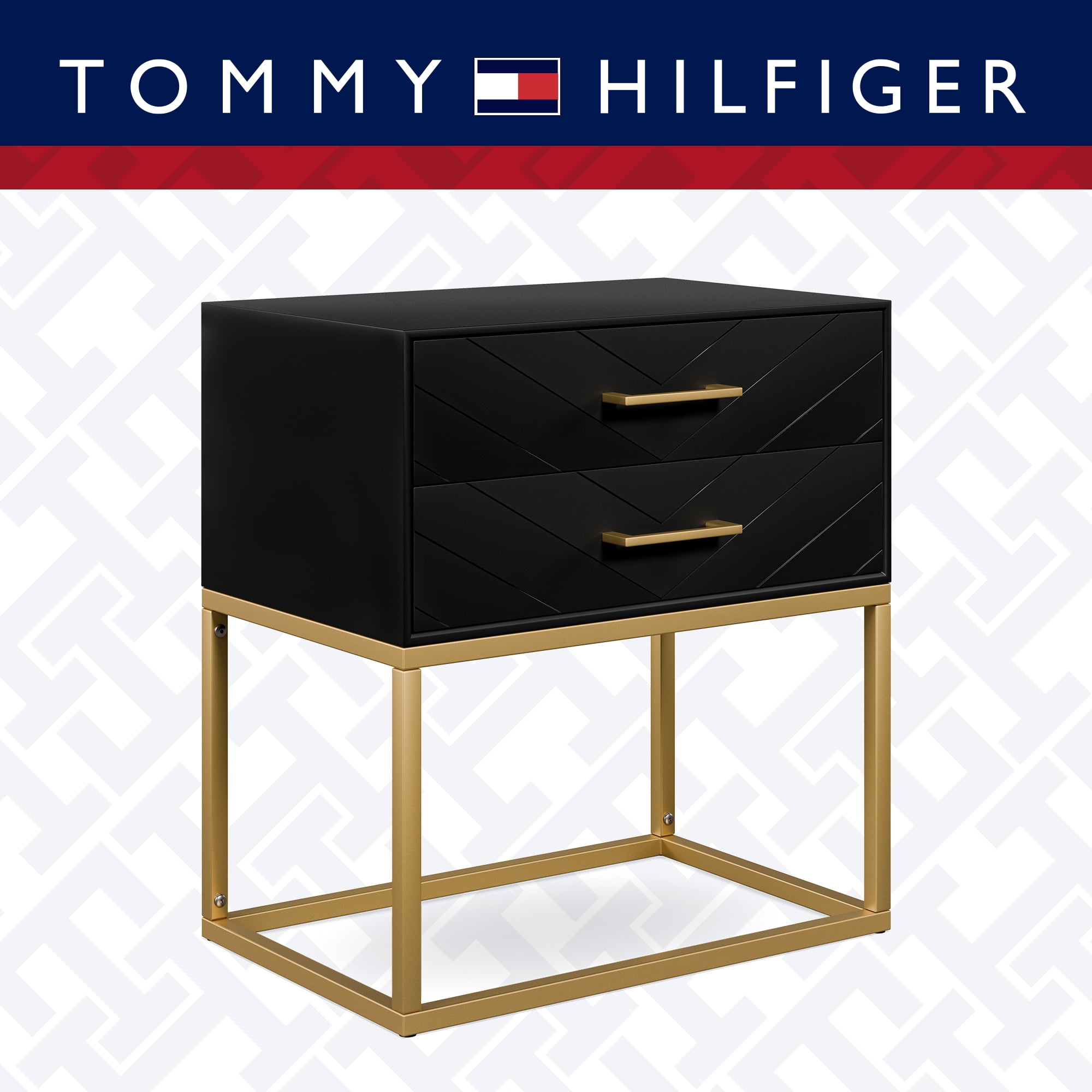 Ellias Compact Modern Side Table with Grooved Drawers, Black & Gold