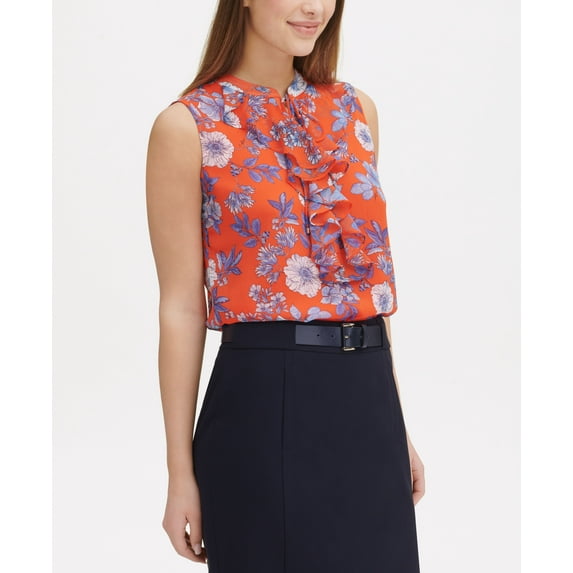 Tommy Hilfiger Floral Print Ruffle Trim Top Grenadine Multi L