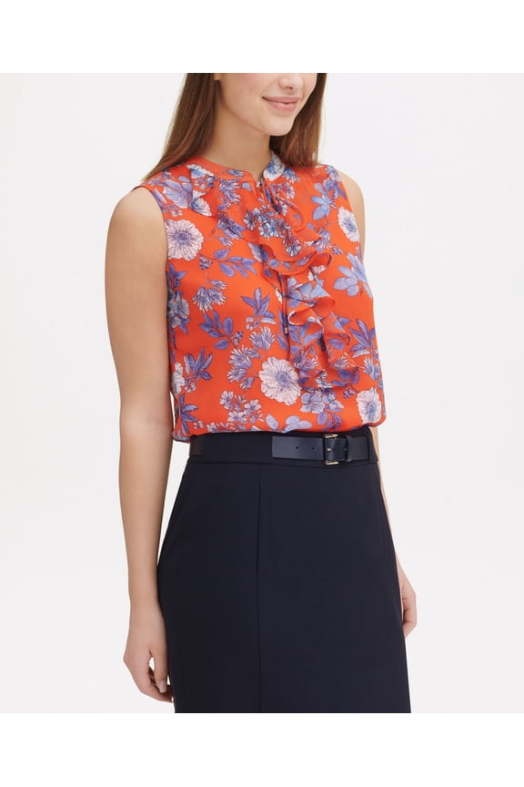 Floral Print Ruffle Trim Top Grenadine Multi L