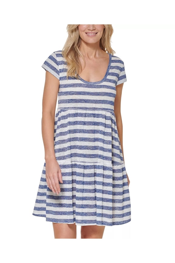 GRAY/BLUE STRIPES Wide Stripe Cap Sleeve Dress Cover-up, US Large
