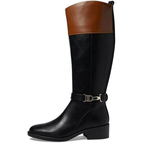 Tommy Hilfiger Ionni Black1 Tan Almond Toe Buckle Detailed Knee High Riding Boot (BLACK TAN, 7.5)