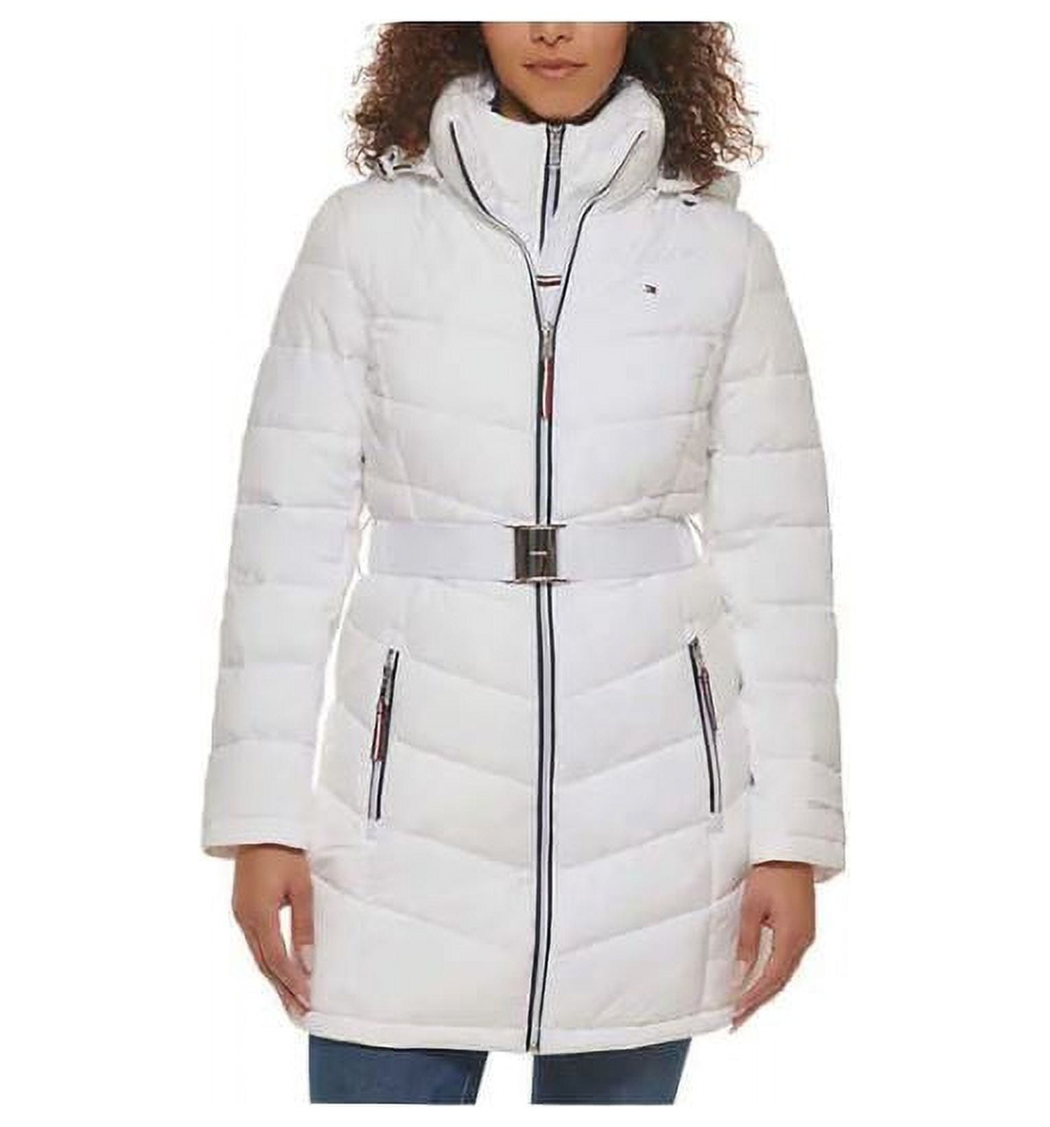 Tommy Hilfiger Ladies Women Belted Puffer Coat Jacket with Hood Logo,  White, X-Small - Walmart.com