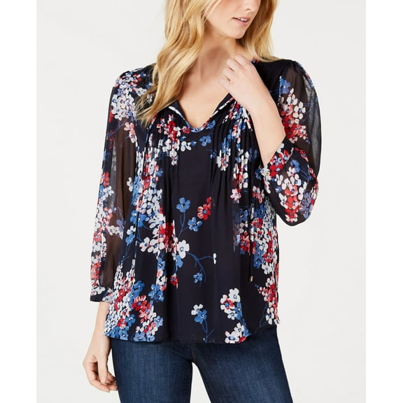 Tommy Hilfiger Long Sleeve Eloise Floral Pintuck Top Eloise Floral- Sky Captain Multi S