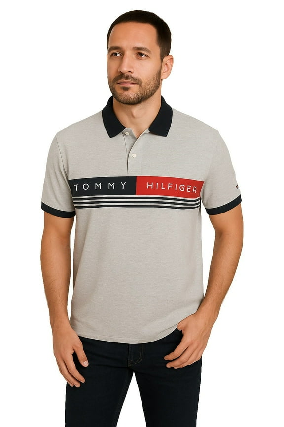 Lucas Polo Shirt Size L Tall Grey Heather Navy Blue Cotton