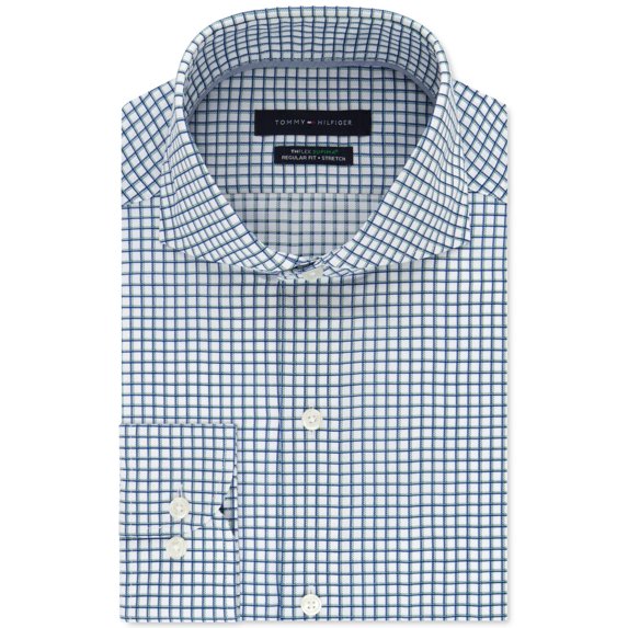 Tommy Hilfiger Men’s Classic/Regular-Fit Non-Iron THFlex Supima Stretch Check Dress Shirts, Hunter, 17X32-33