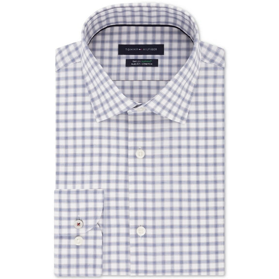Tommy Hilfiger Men’s Slim Fit Non Iron Stretch Check Dress Shirts Blue/White Size 17.5-36/37