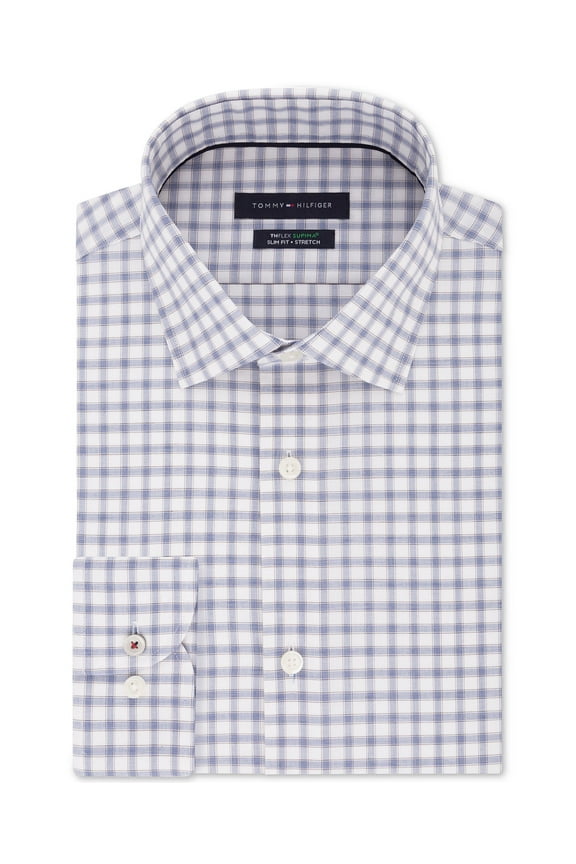 Men’s Slim Fit Non Iron Stretch Check Dress Shirts Blue/White Size 17.5-36/37