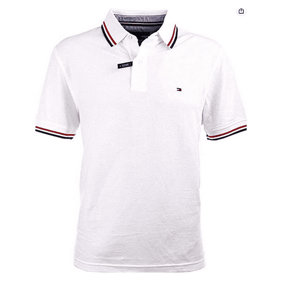 Tommy Hilfiger Men Short Sleeve Classic Fit Striped Collar Cotton Polo, White,XL