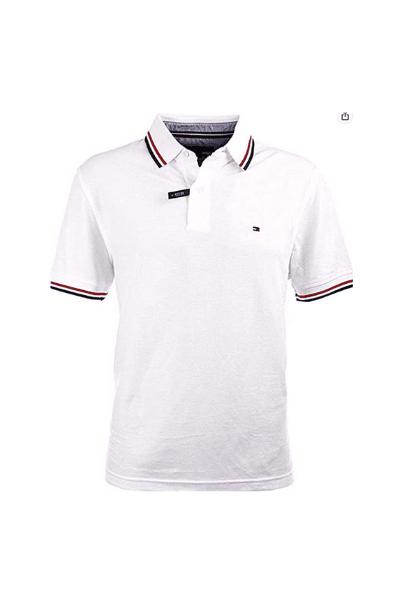 Men Short Sleeve Classic Fit Striped Collar Cotton Polo, White,XL
