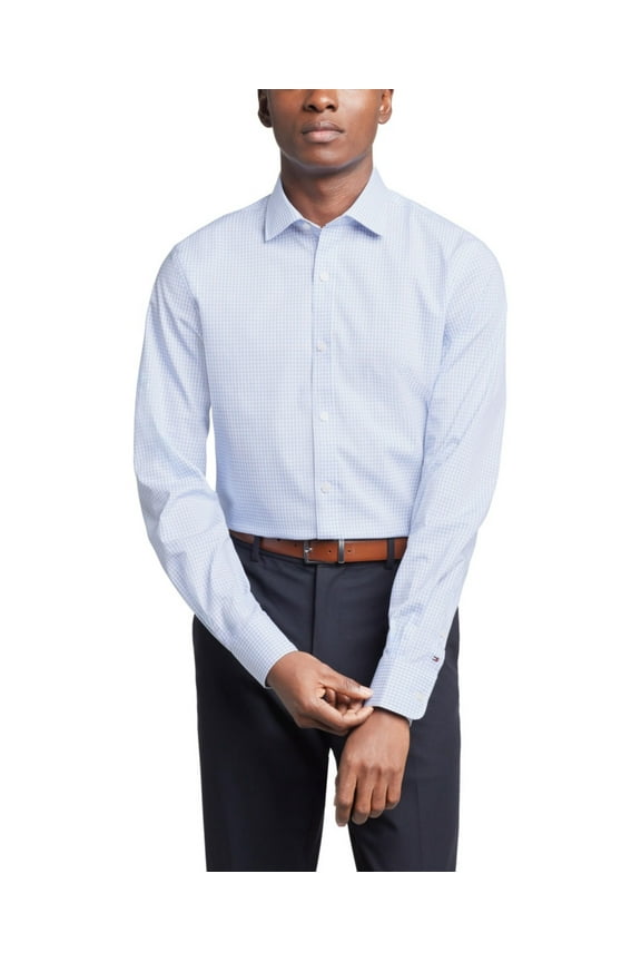 Men Slim fit Dress Shirt Large 16 in 34-35 Blue Plaid