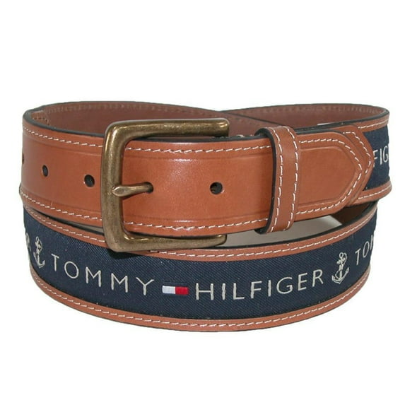 Tommy Hilfiger Men's 11TL02X032 Anchor Logo Ribbon Inlay Leather Belt Black 30