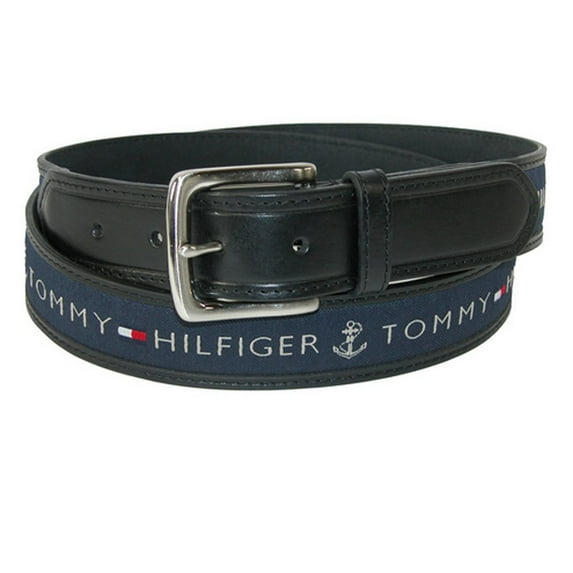 Tommy Hilfiger Men's 11TL02X032 Anchor Logo Ribbon Inlay Leather Belt Black 32