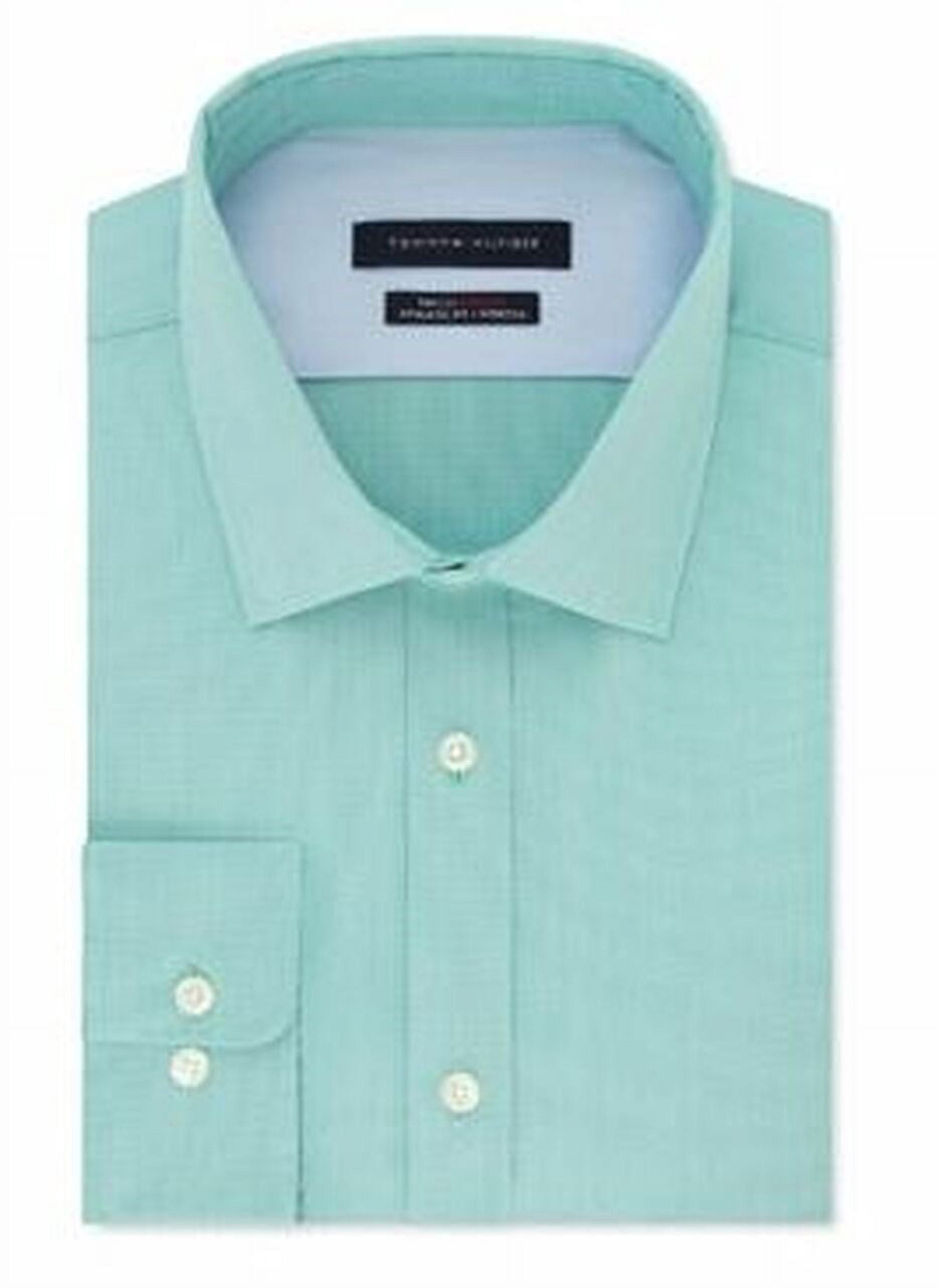 Tommy Hilfiger Men's Athletic Fit Flex Collar Dress Shirt Green Size 15