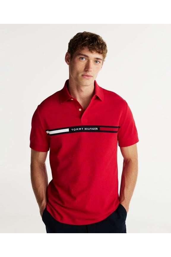 Men's Big & Tall Embroidered Chest Stripe Polo Shirt Red-3XLT