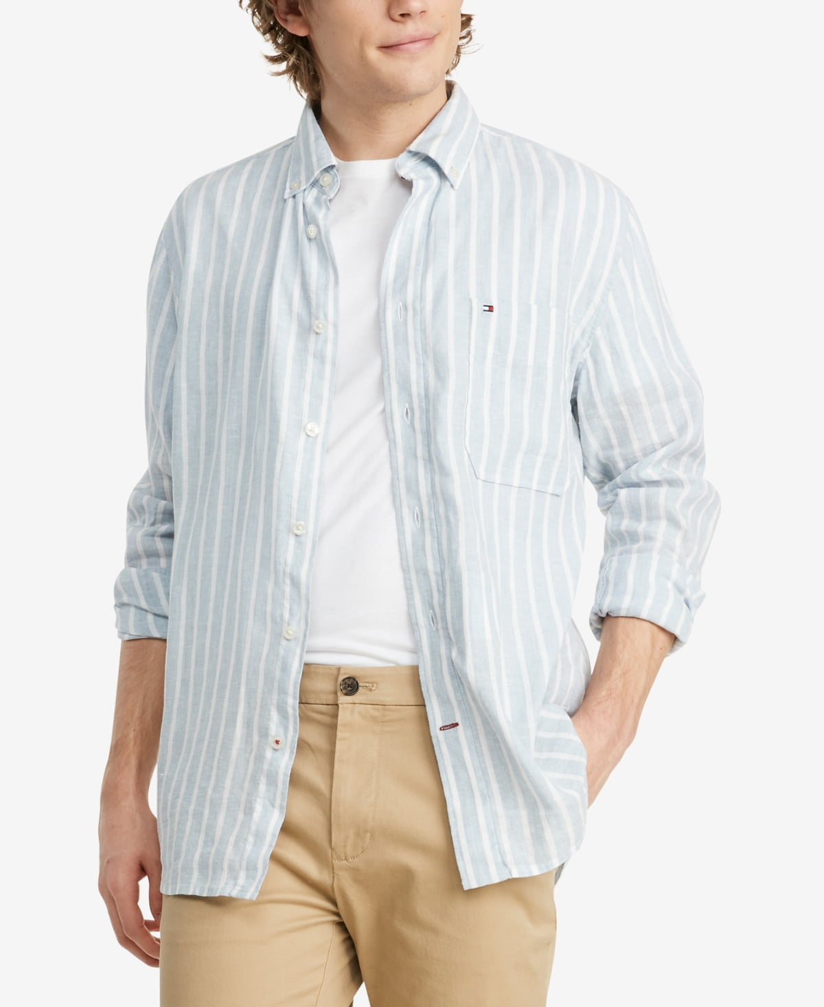 Tommy Hilfiger Men's Casual Sorona Striped Linen Shirt White Size Size Small