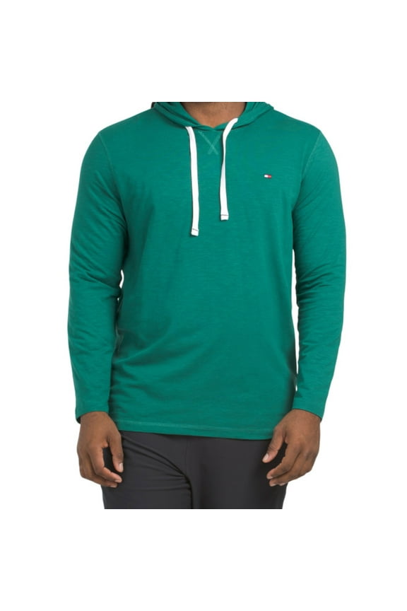 Men's Chest Logo Stretch Cotton Blend Jersey Drawstring Hoodie-Green / L