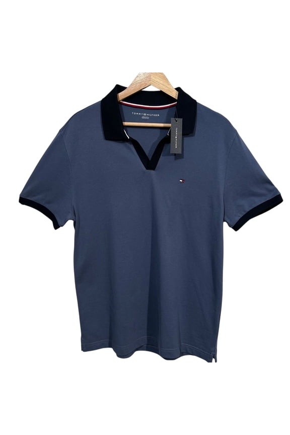 Men's Cotton Polo Shirt Size M Indigo Blue Johnny Collar