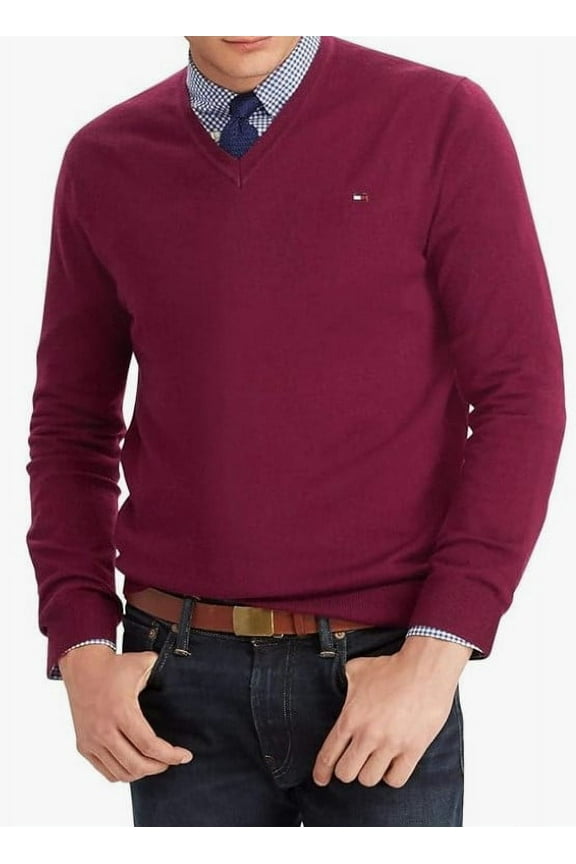 Men's Cotton V Neck Sweater, Burgandy, S