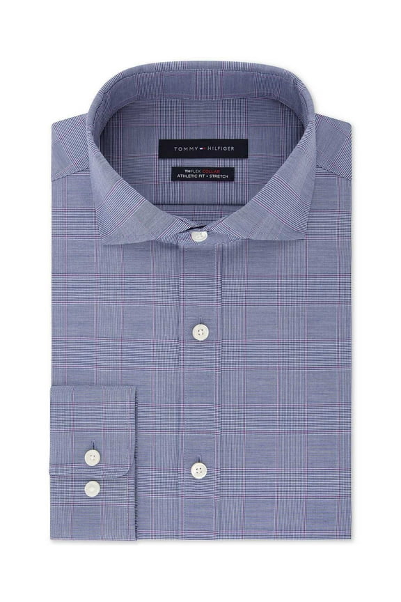 Mens Fitted TH Flex Performance Stretch Moisture-Wicking Purple Check Dress Shirt(Purple, 15.5X34-35