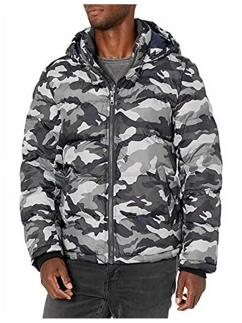 Tommy Hilfiger Men's Hooded Puffer Jacket, Grey camouflage, XX