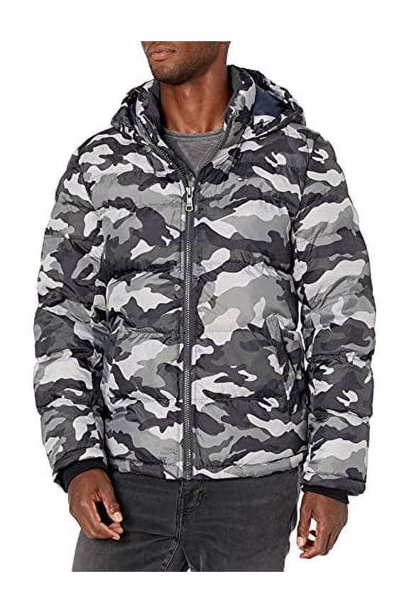 Men's Hooded Puffer Jacket, Grey camouflage, XX-Large