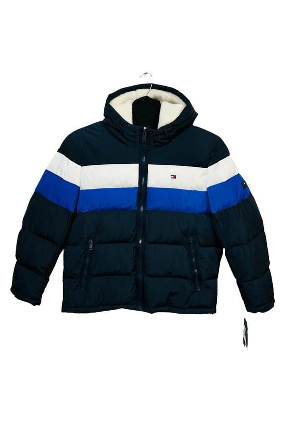 Mens Hooded Puffer Jacket Size XL Blue White Quilted Winter Coat