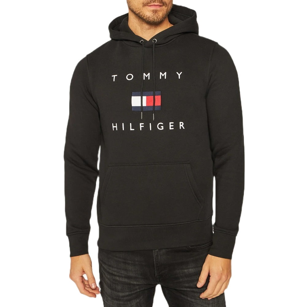 Tommy Hilfiger Men's Hoodie Long Sleeve Flag Log Pullover Hooded Sweatshirt,  Black, M