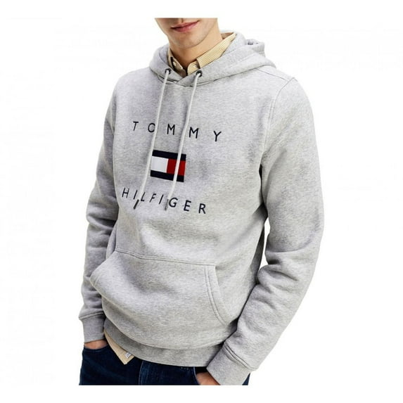 Tommy Hilfiger Men's Hoodie Long Sleeve Flag Log Pullover Hooded Sweatshirt, Grey, M