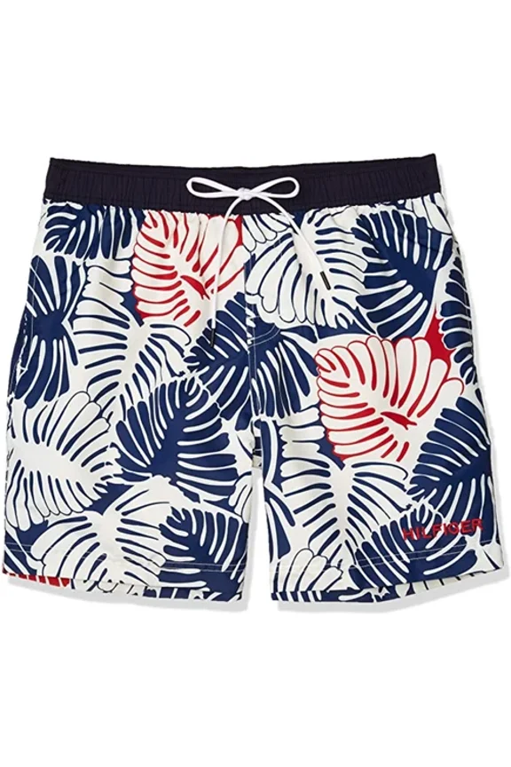 Mens 7 Printed Logo Swim Trunks, UV Protection, Navy/White, L