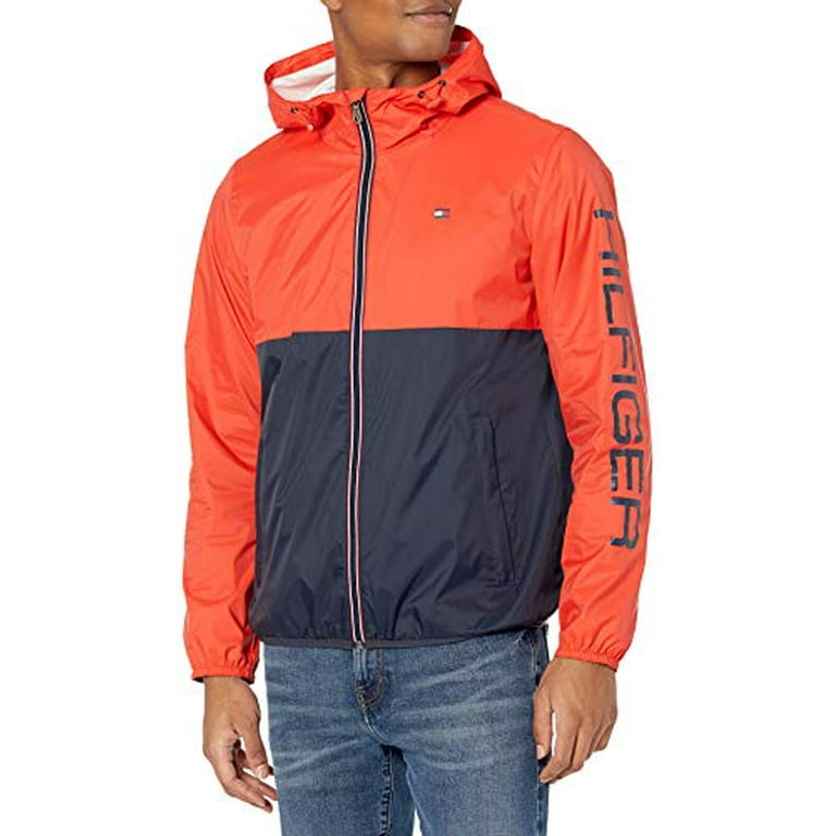 Tommy Hilfiger Men's Lightweight Water Resistant Hooded Rain Jacket Orange Size Large -