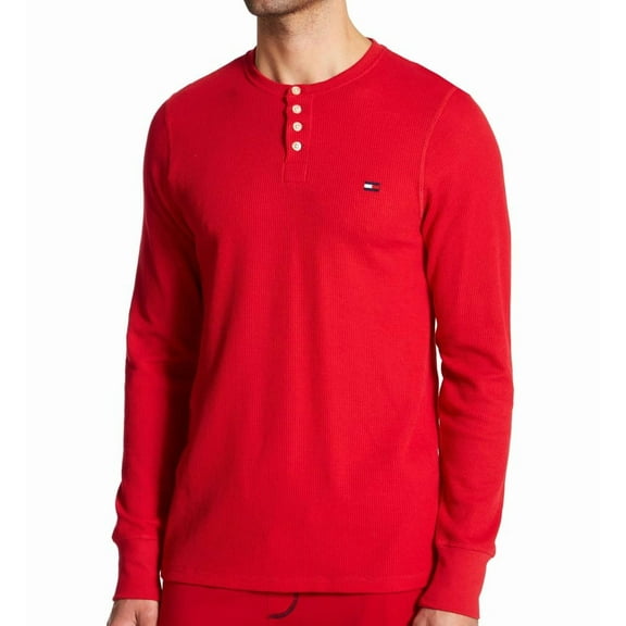 Tommy Hilfiger Men's Long Sleeve Shirt Warm Thermal Henley Neck Sleepwear Shirt, Red, M