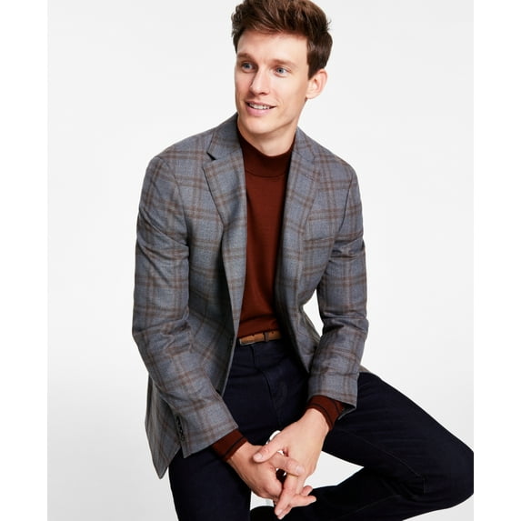Tommy Hilfiger Men's Modern Fit Plaid Sport Coat Blazer Grey Brown 36R