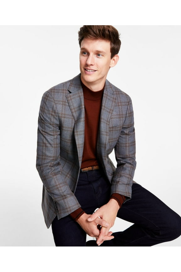 Mens Modern-Fit Plaid Sport Coat, Grey/Brown, 42R