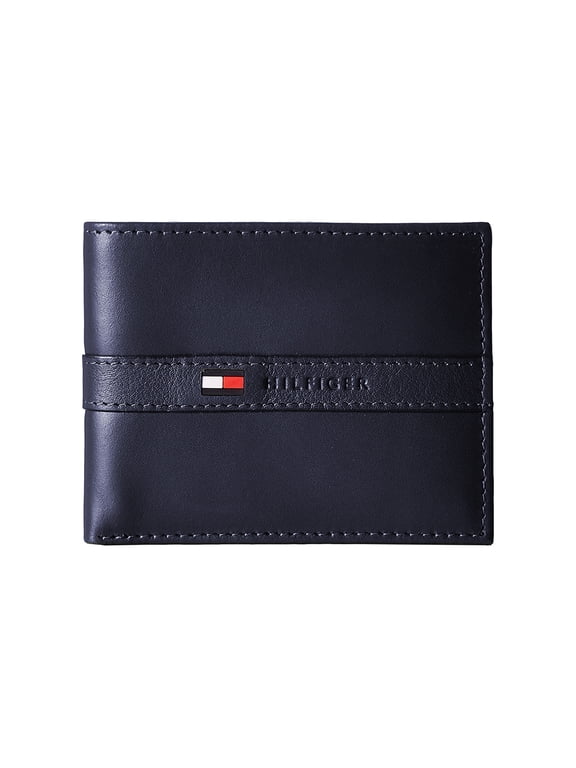 Men's Premium Leather Flip ID Passcase Billfold Wallet Navy